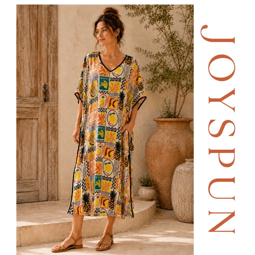 Joyspun Kaftan Multicolor Fruit Print Rayon Oversized Cover Up Lounge Dress S